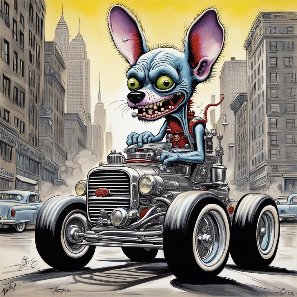 Zombie Chihuahua Drives Hotrod in Ed Roth Style
