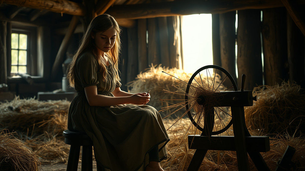 Eerie Fairy Tale: Girl Spins Gold from Hay