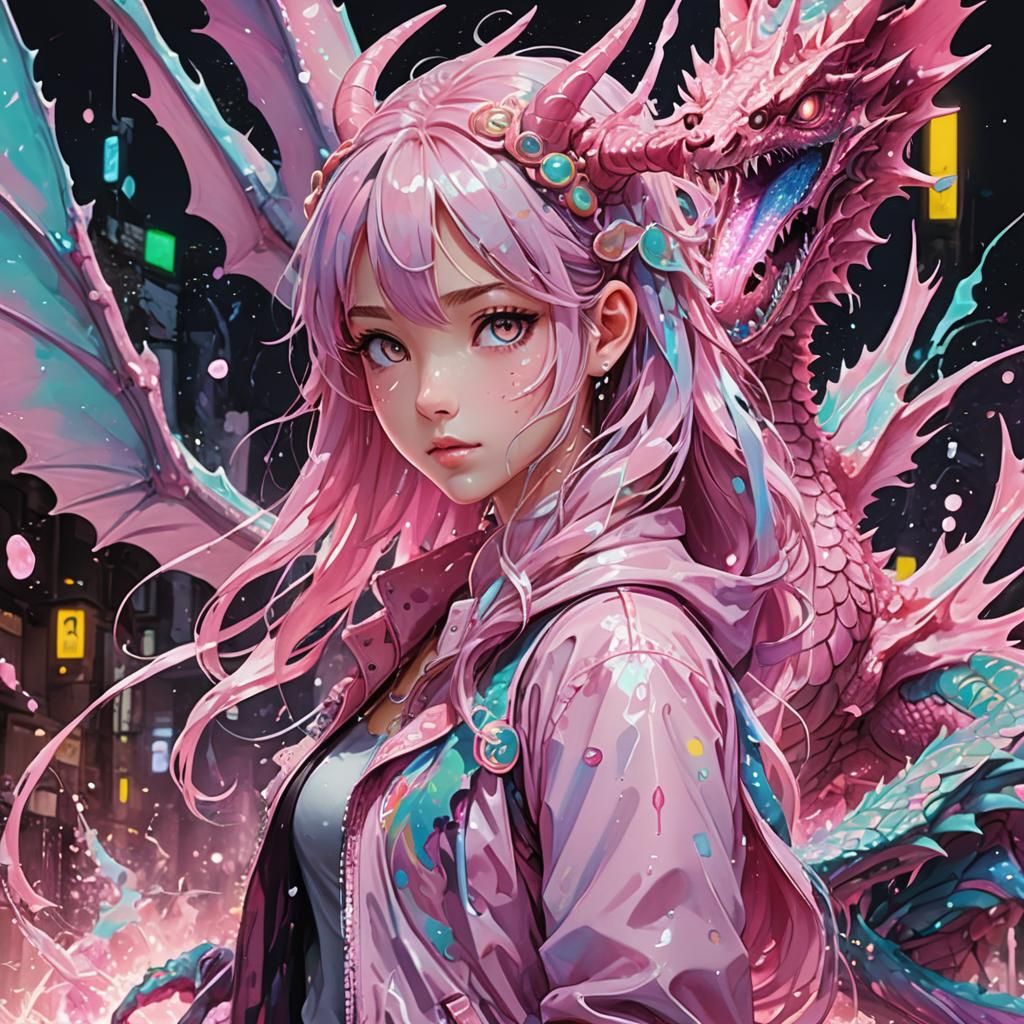 Anime Dragon Girl with Slime in Graffiti Art Style