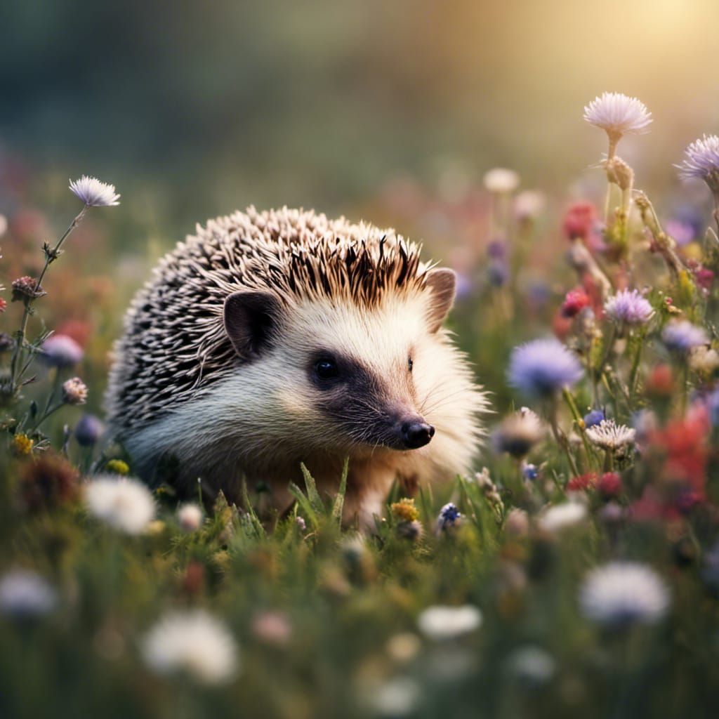 Hyperrealistic Hedgehog in a Flower Meadow