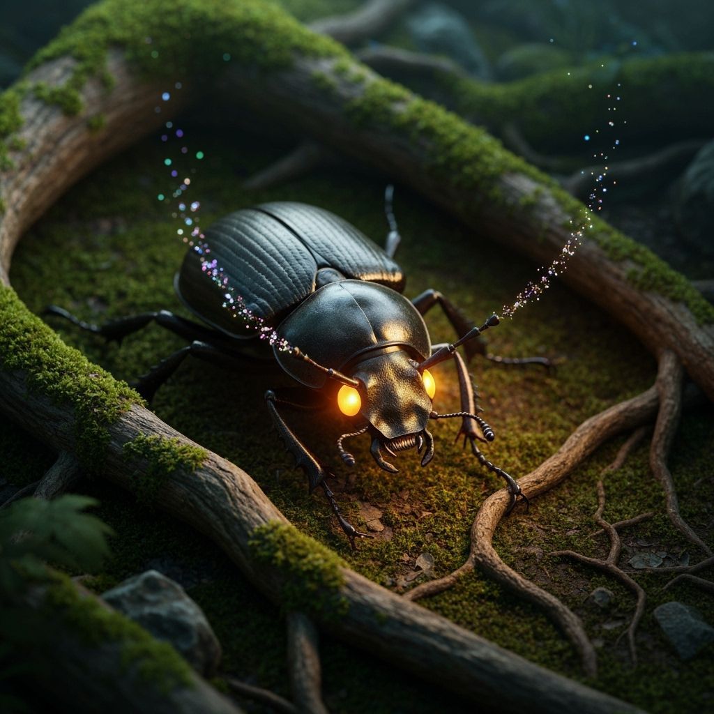 Futuristic Biomechanical Beetle in Bioluminescent Forest