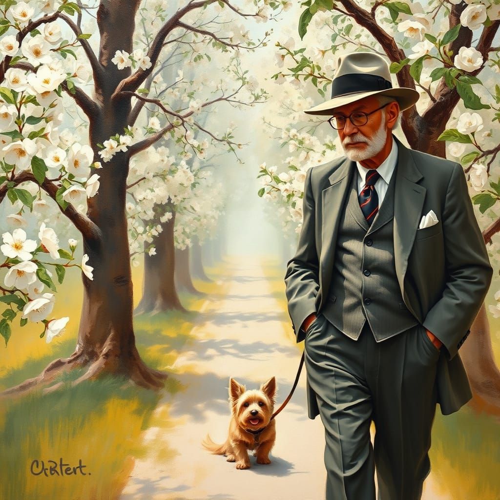 Elderly Man Strolling Through Orchard: Impressionist Gouache...