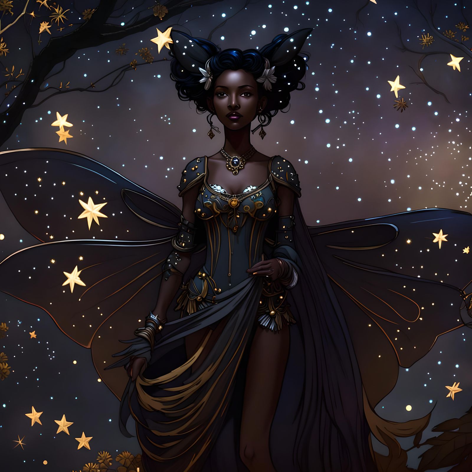 Black skinned faerie, perfect wings, stars in background, stars twinkle from her hair and clothes