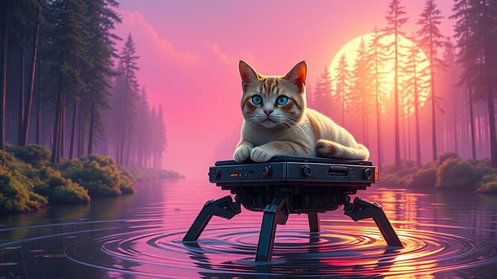 Cyberpunk Cat Enjoys Sunny Riverbank