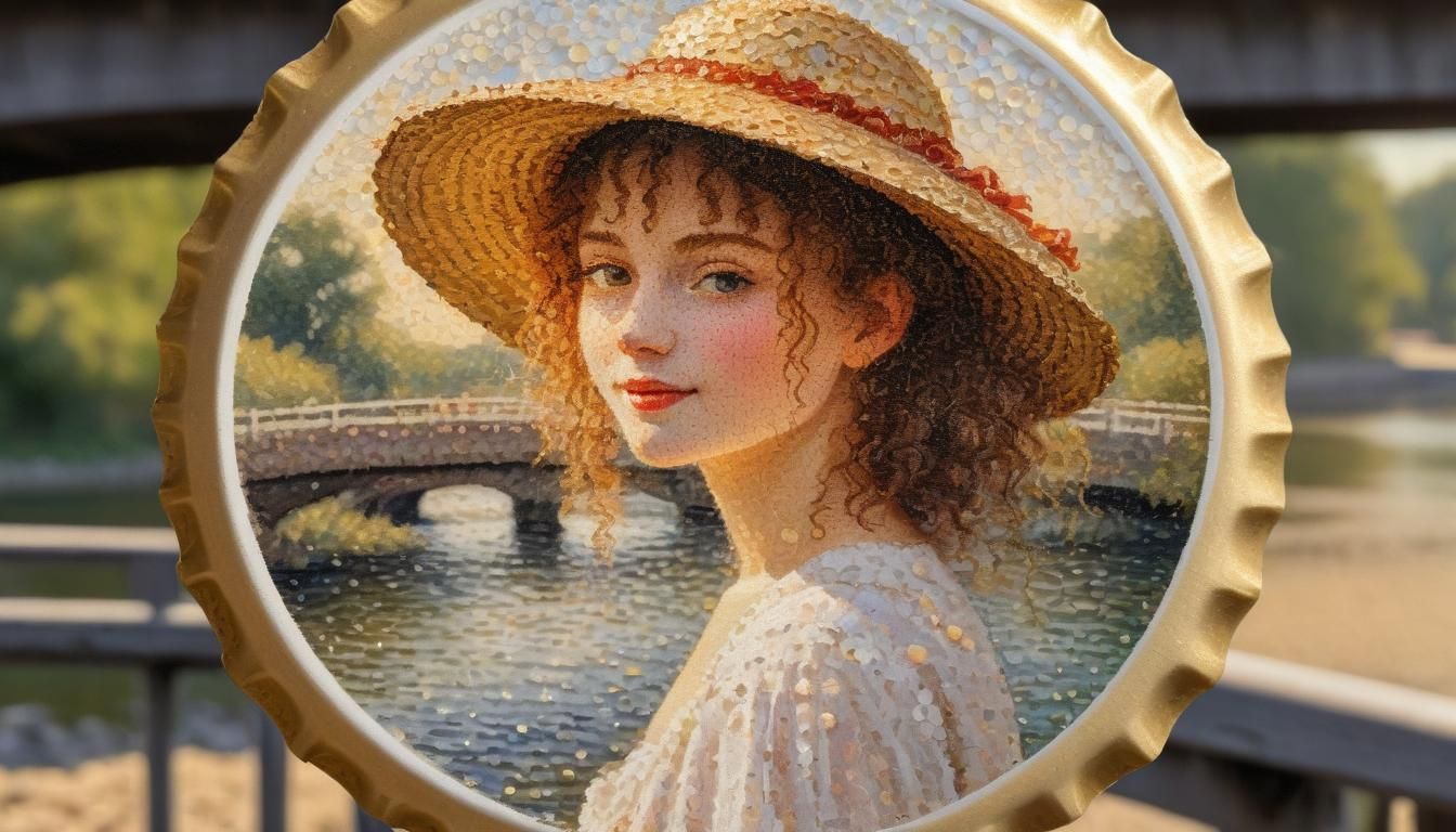Pointillist Woman on Bottle Cap in Seurat Style