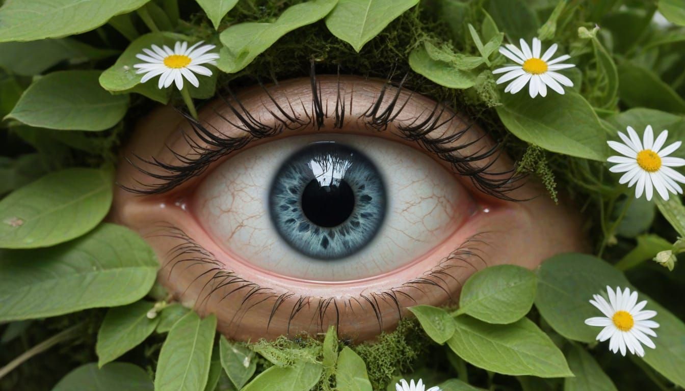 flowers that resemble open eyes in a dreamlike garden.