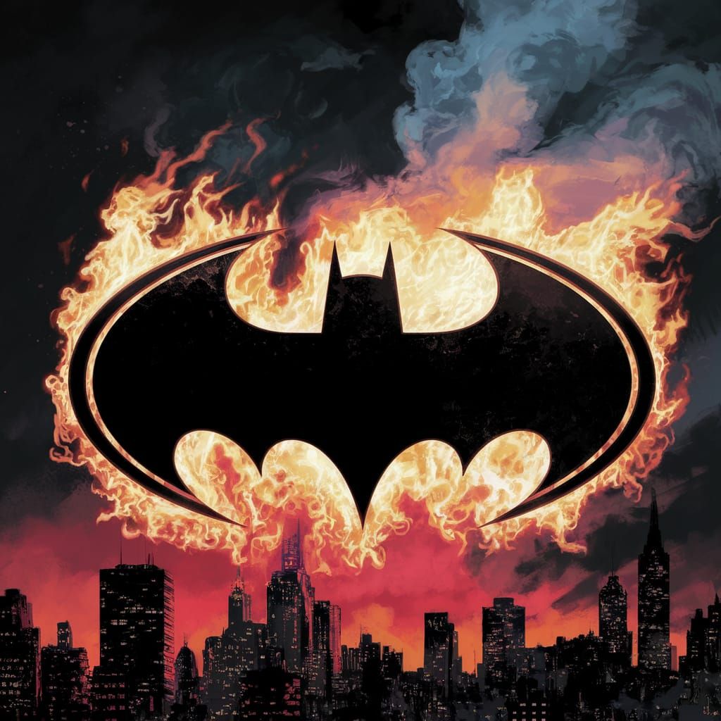Batman Symbol Engulfed in Flames in Dark Gotham City Night S...