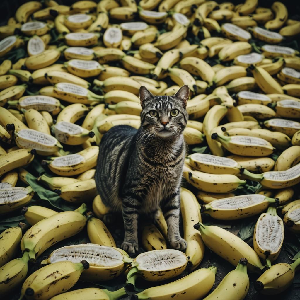 Cinematic Cat in a Pack of Bananas
