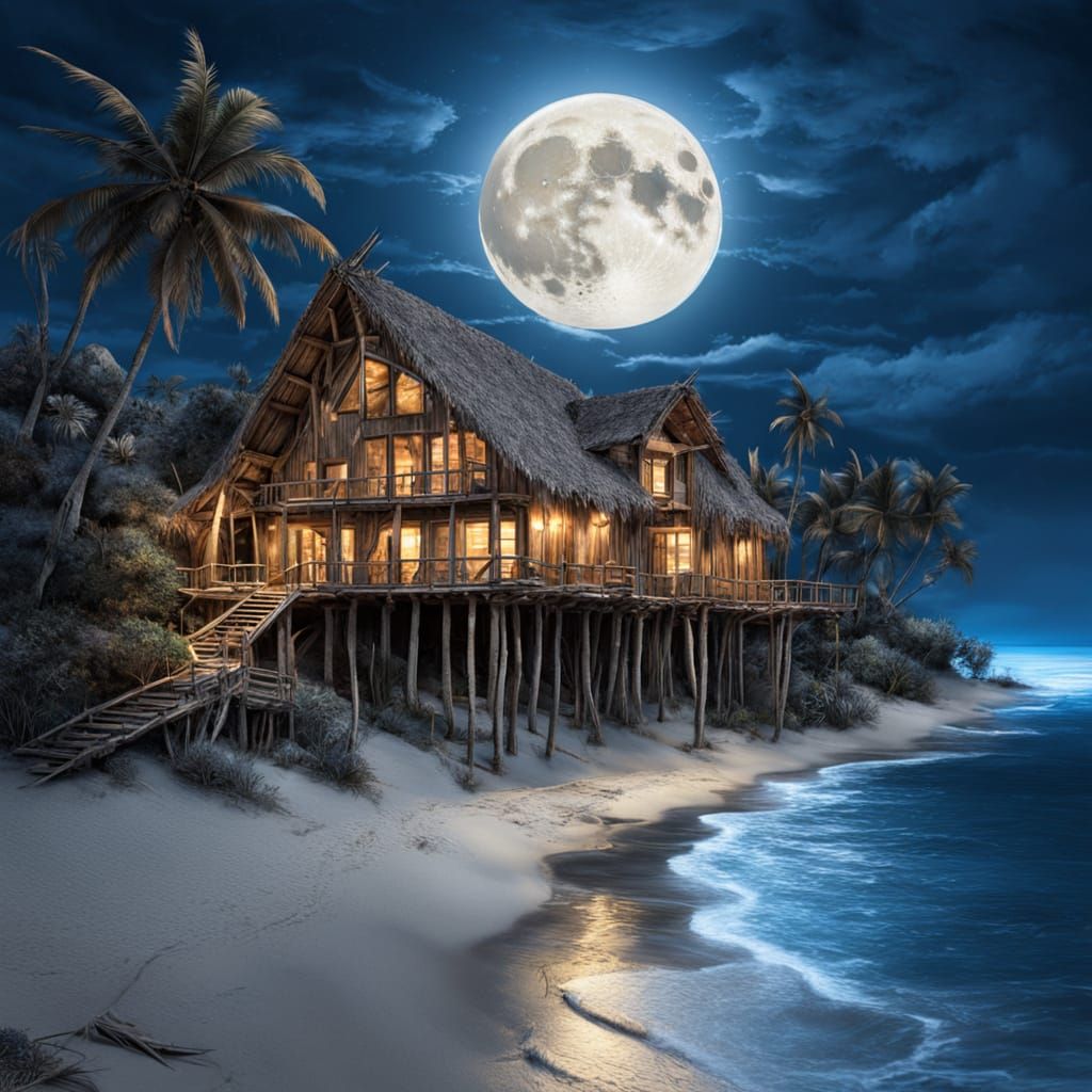Full Moon Over Tropical Driftwood Lodge