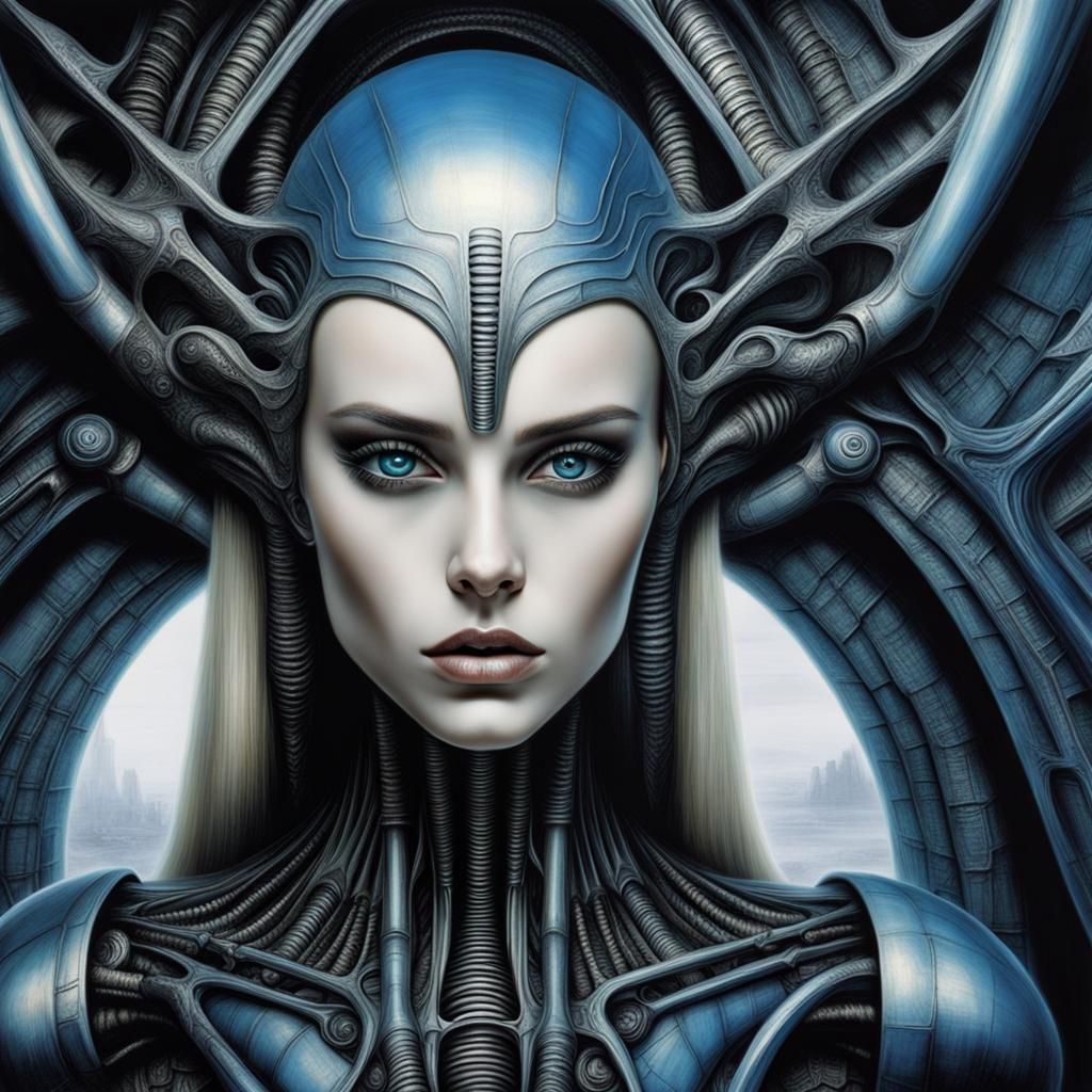 Blonde Girl with Blue Eyes in Giger Style