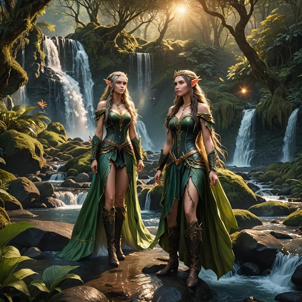 Elves in Waterfall Paradise at Sunrise