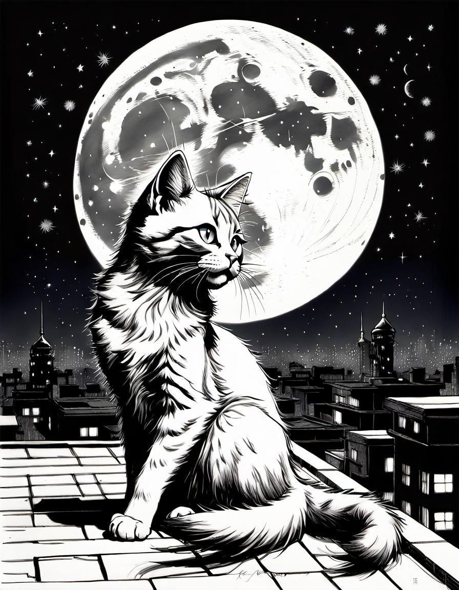 Kitten on Rooftop at Night: Black and White Illustration