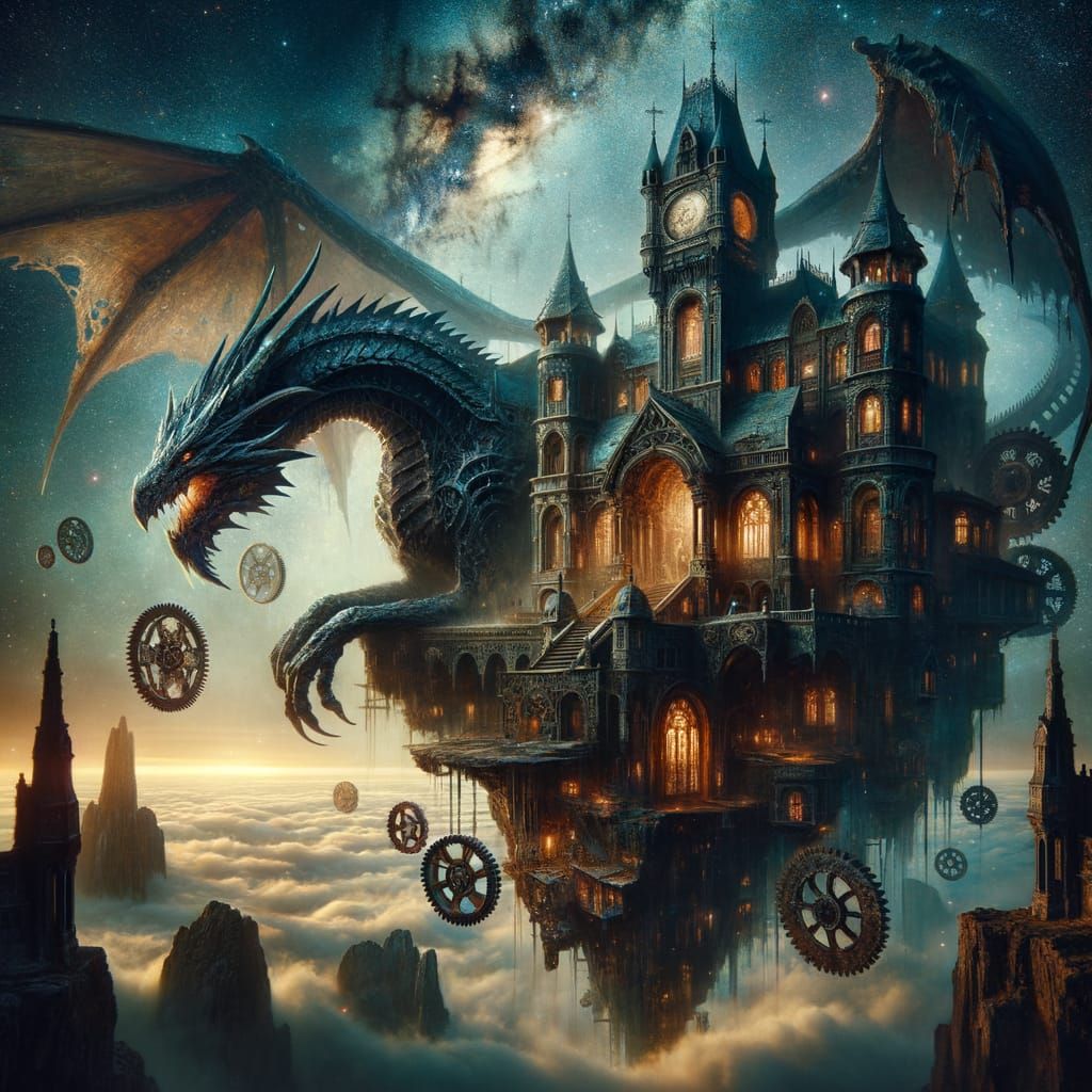 Ancient Dragon on Gravity-Defying Gothic Mansion in Cosmic T...