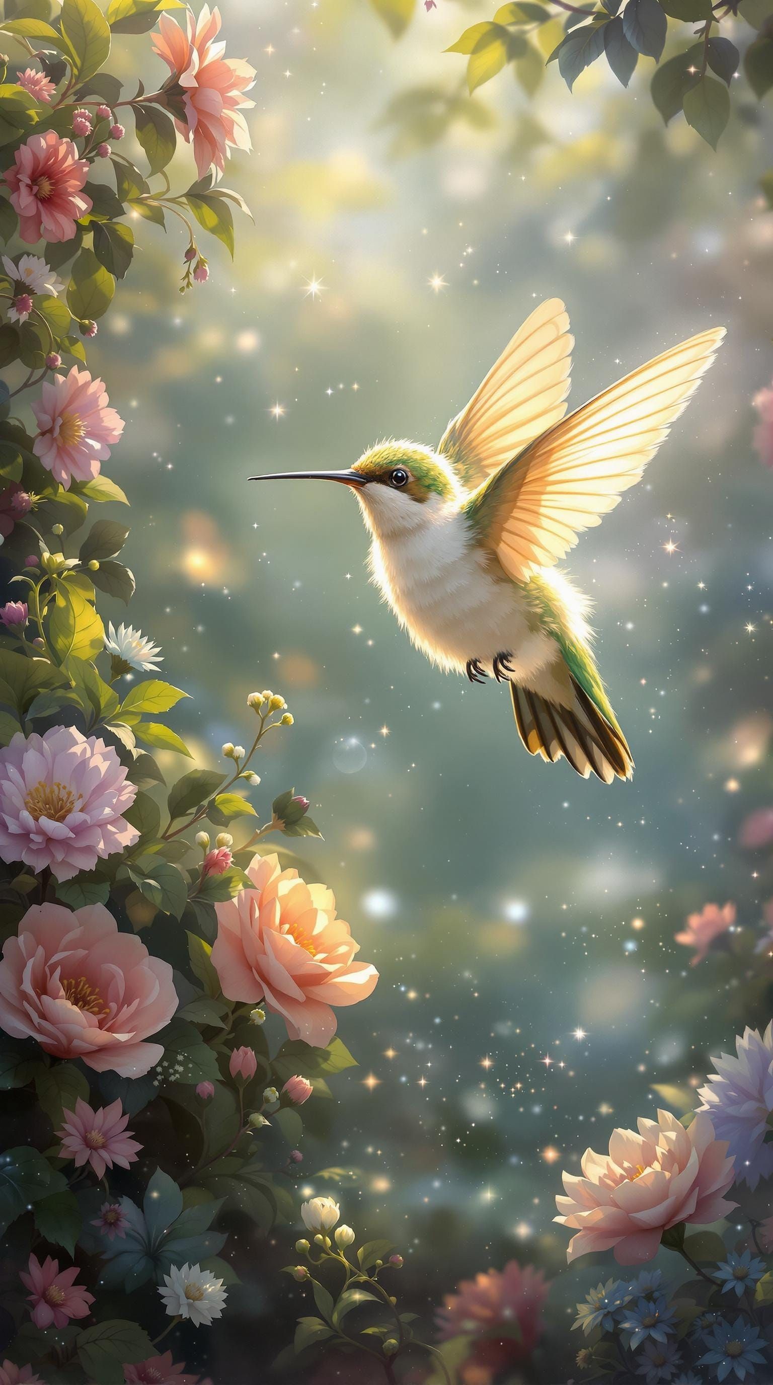 Hummingbird in Ethereal Floral Fantasy Art