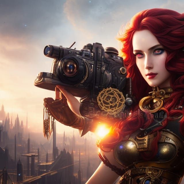 Steampunk Goddess in a Hyper-Detailed Cityscape