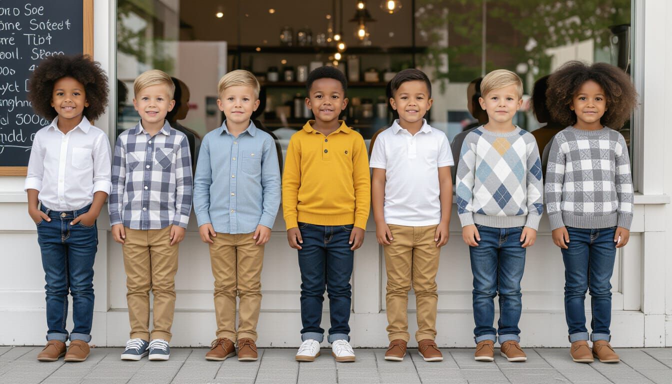 Seven Children Standing by Coffee Shop Wall