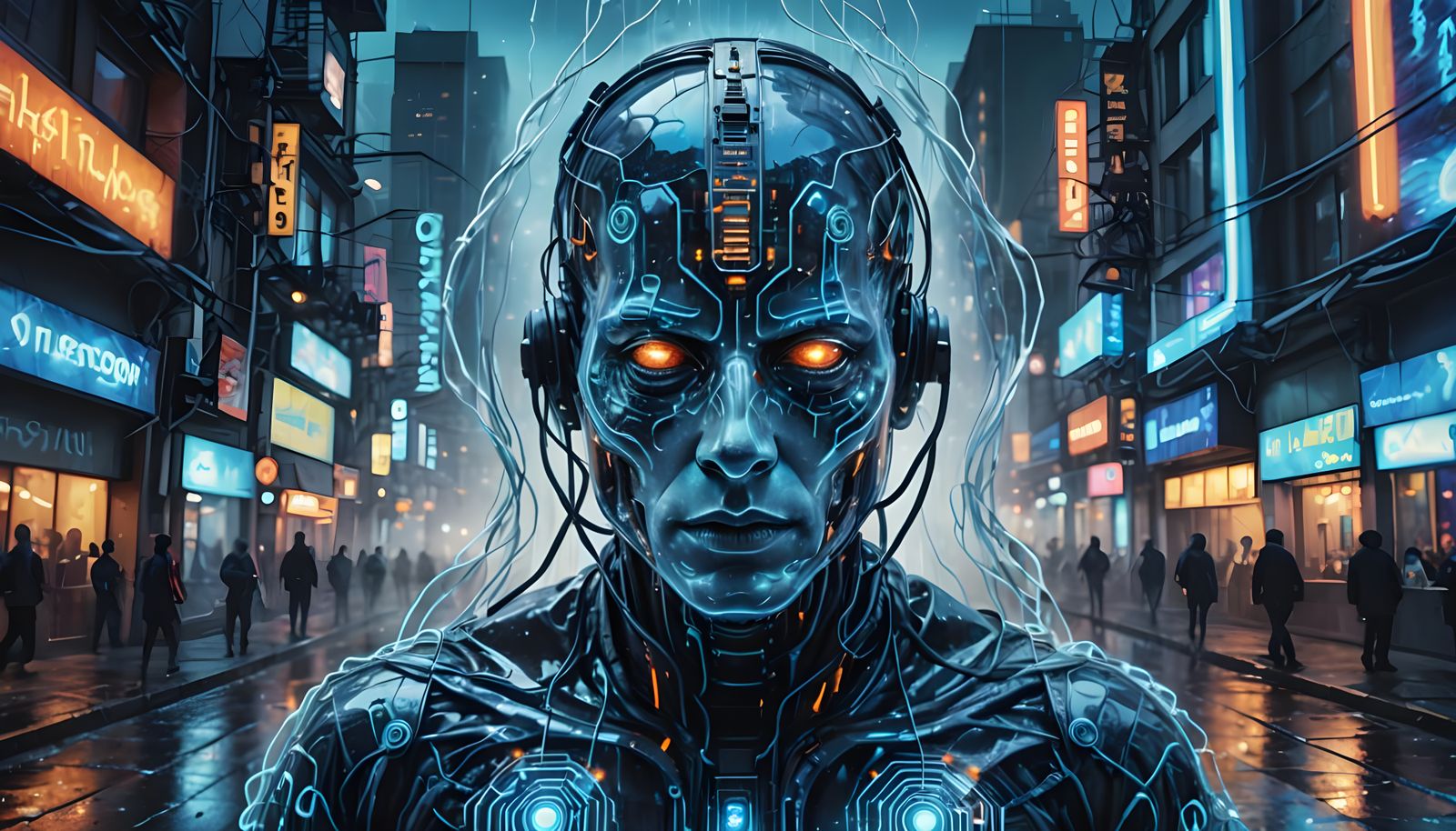 Technological Ghost in a Cyberpunk Cityscape