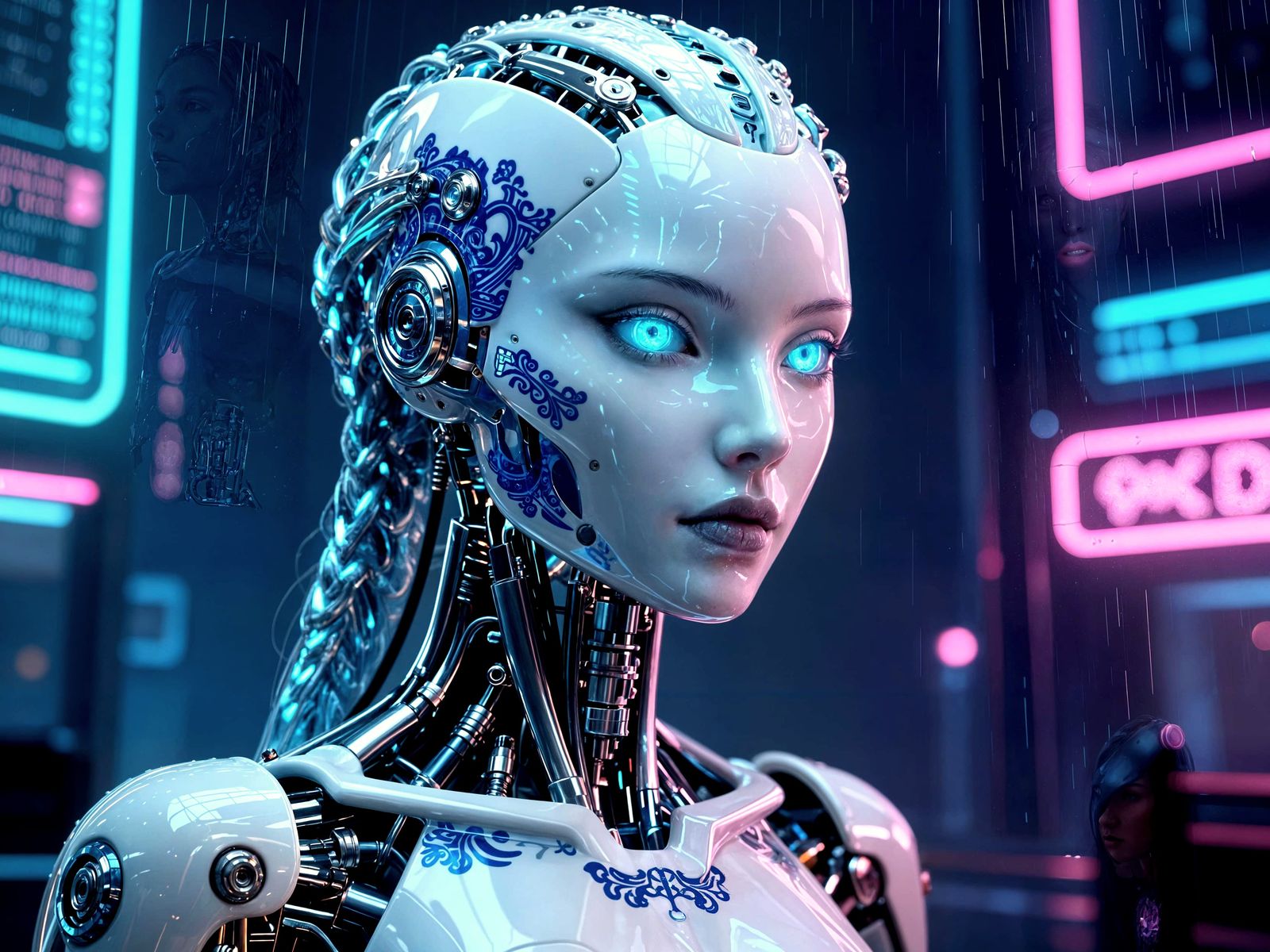 Cyberpunk Android with Porcelain Skin and Neon Glow