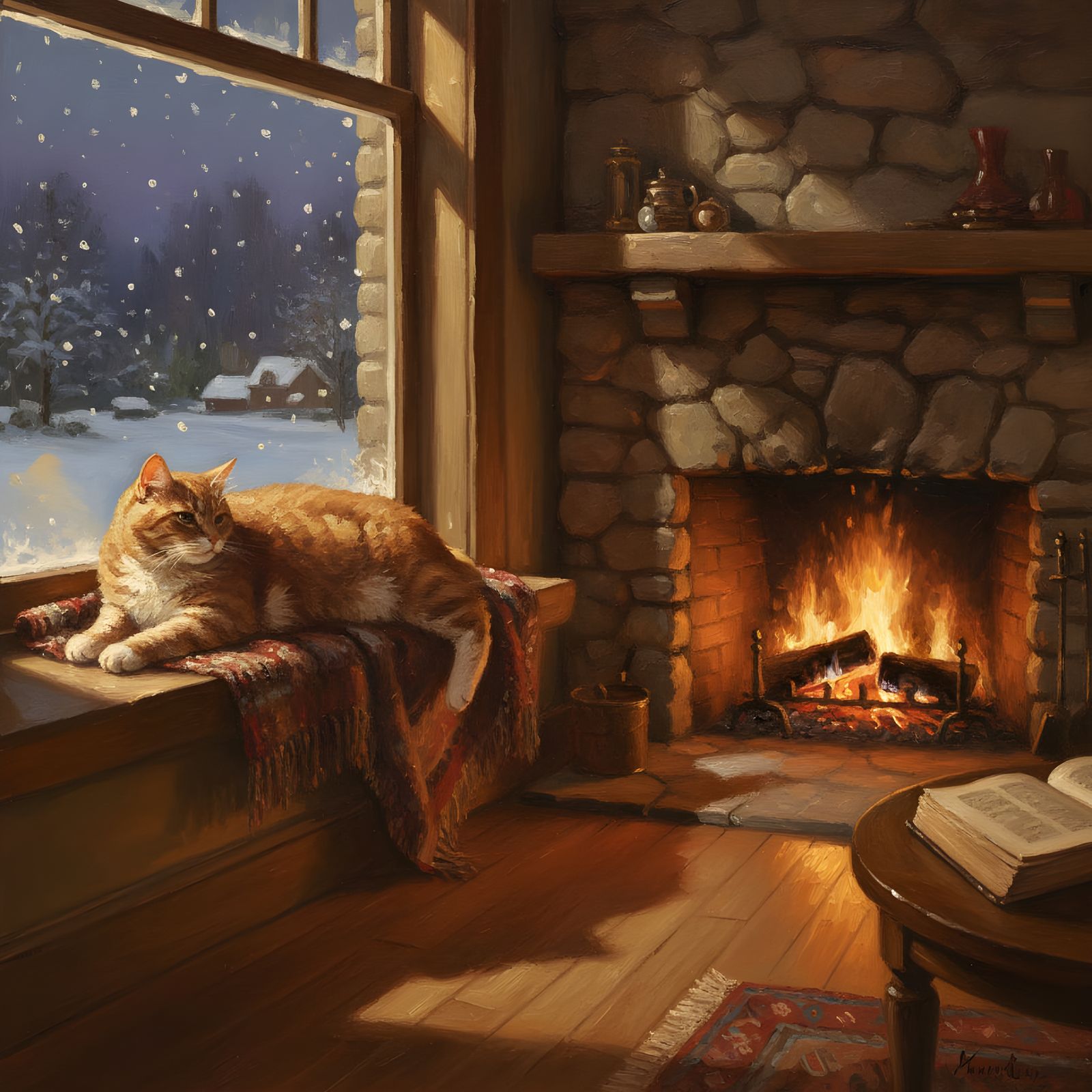 Cozy Tabby Cat by Snowy Window and Fireplace