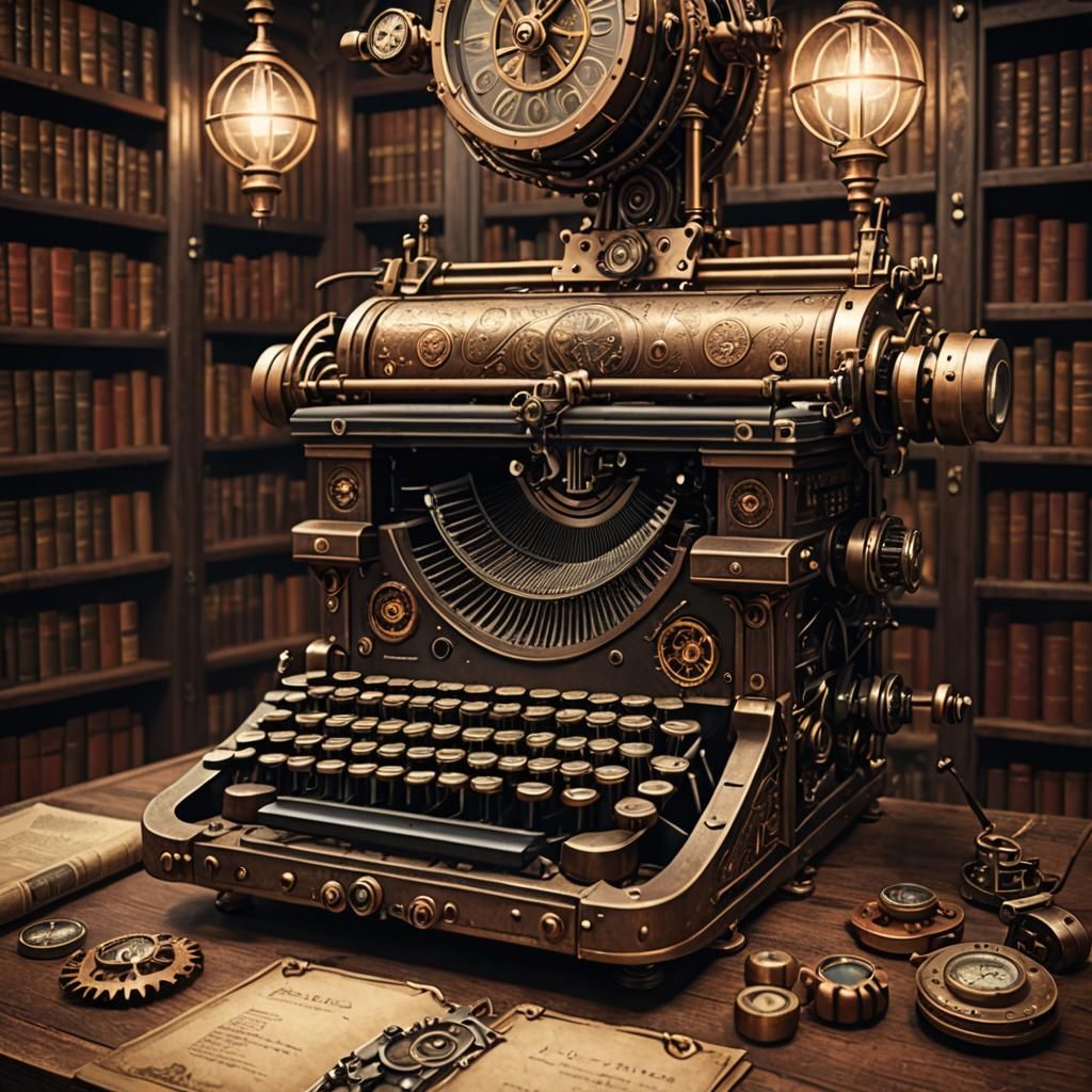 Steampunk Typewriter in Sci-Fi Library