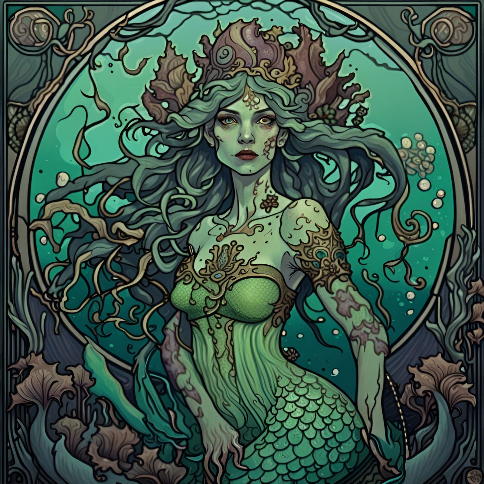 Eldritch Zombie Mermaid in Art Nouveau Style