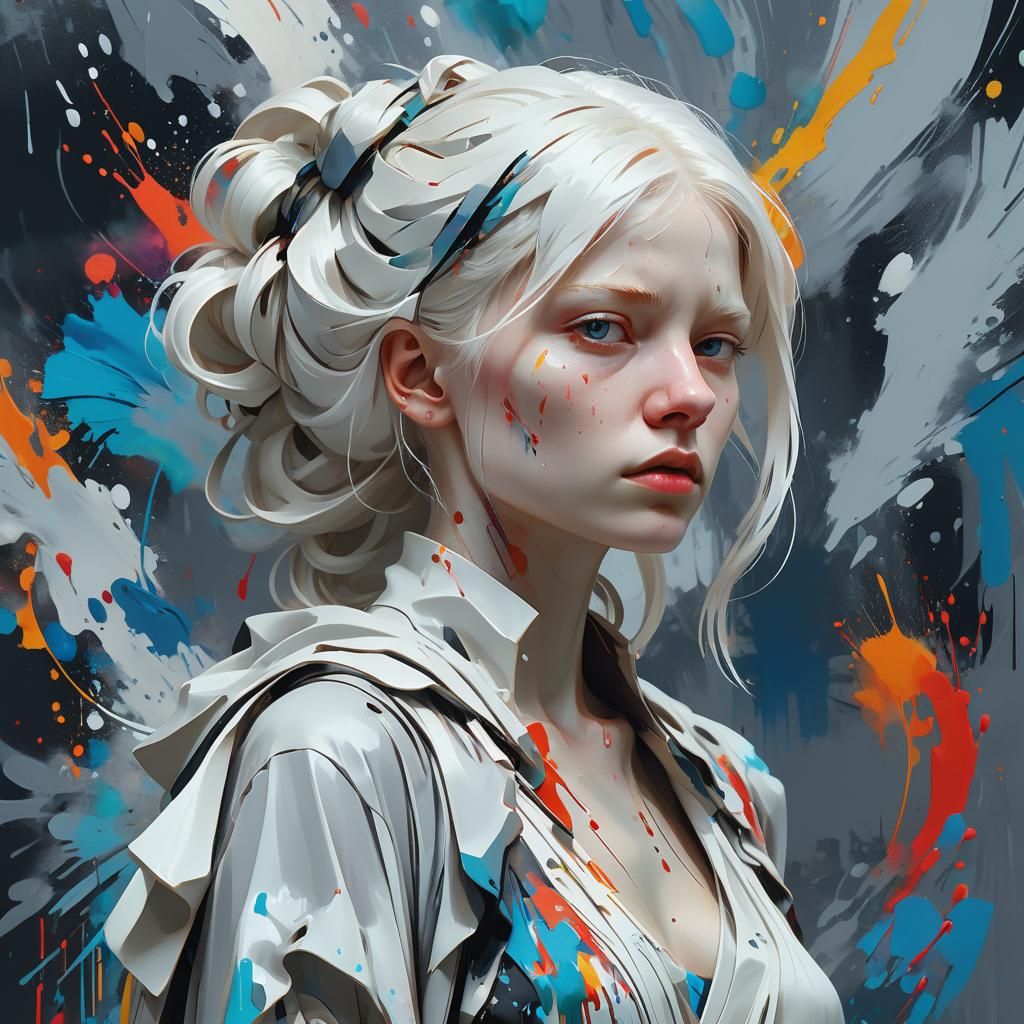 Albino Woman Portrait with Abstract Splash Paint Backdrop