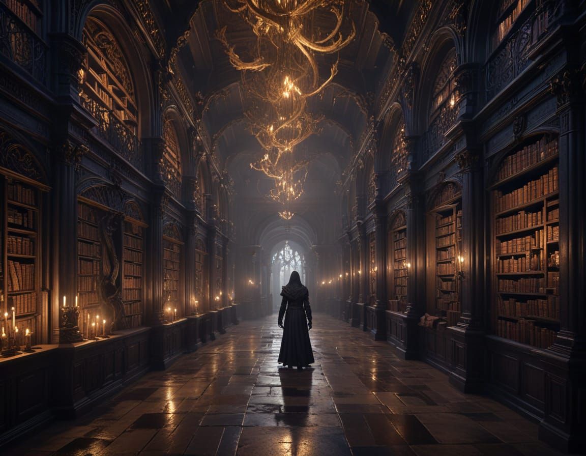 Gothic Library Corridor in Dark Fantasy Style