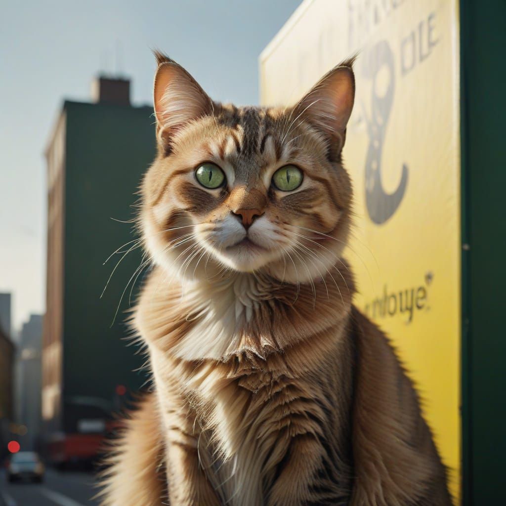 Sultry Cat Posing on Billboard in High-Fashion Style