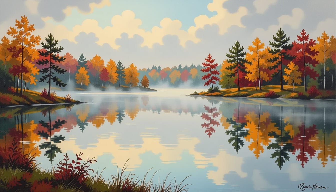 Autumn Lake Foggy Landscape in Gouache and Watercolor