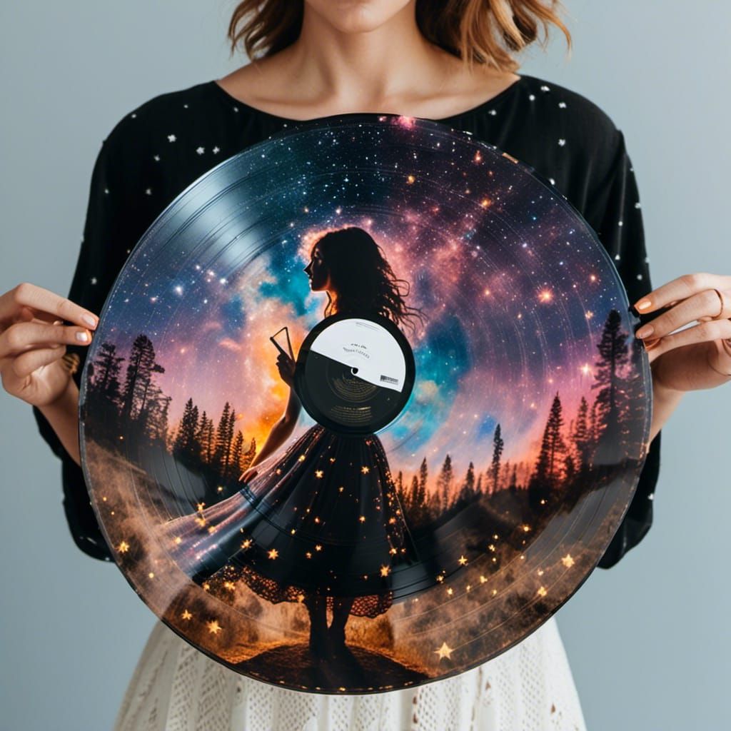Double Exposure: Woman with Vinyl Record and Stars