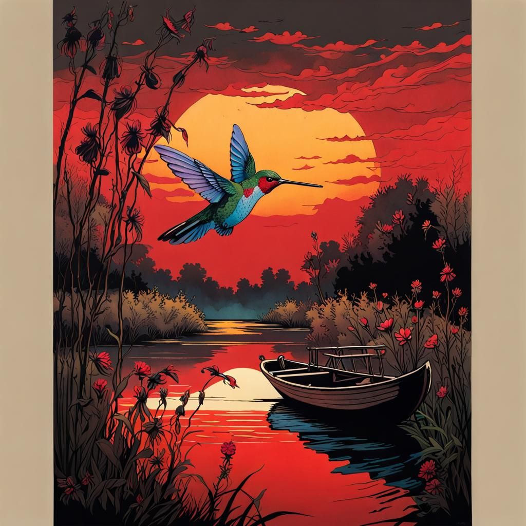 Hummingbird over River at Sunset in Color Print Art