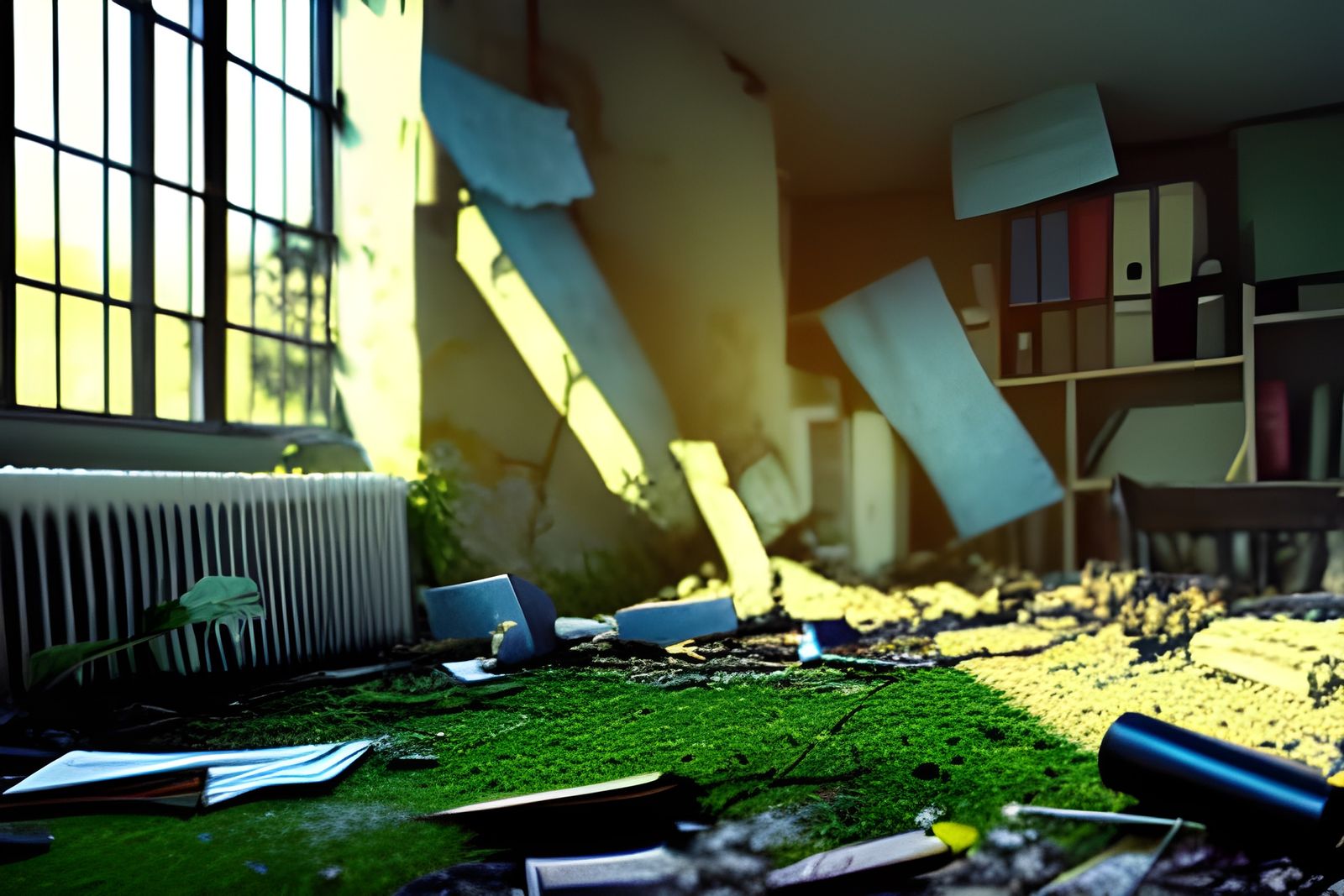 Ruined Office Reclaimed by Nature in Photorealistic 8K