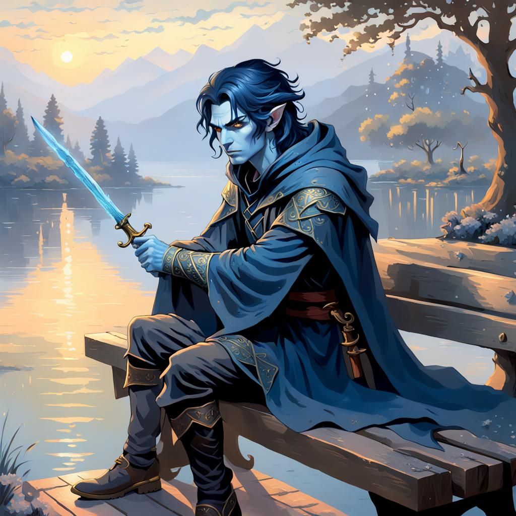 Water Genasi Rogue Inspects Dagger at Sunset