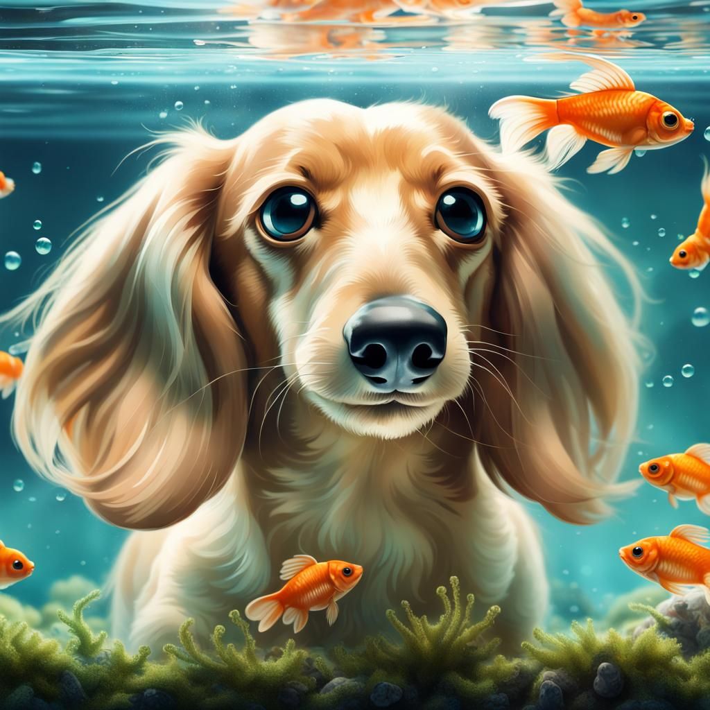 Adorable Dachshund Gazing at Goldfish Tank, Watercolor Splas...