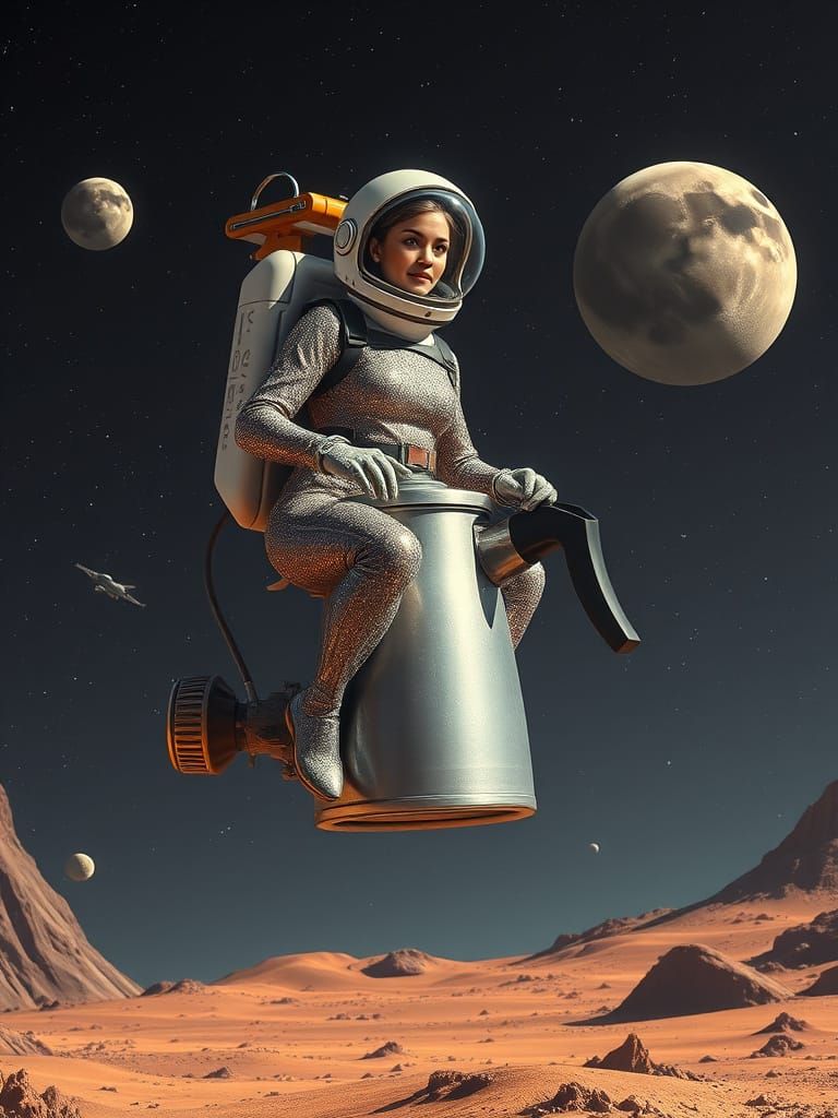 A woman in a glittering spacesuit rides a coffee pot on a rogue planet with no gravity. The coffee pot, offended by the ...