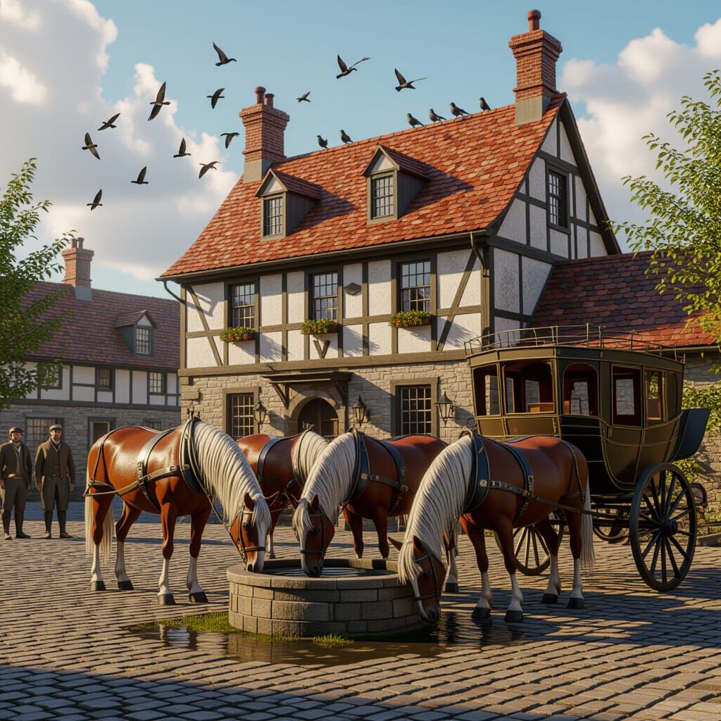18th Century Coach Inn with Horses and Waiting Coach