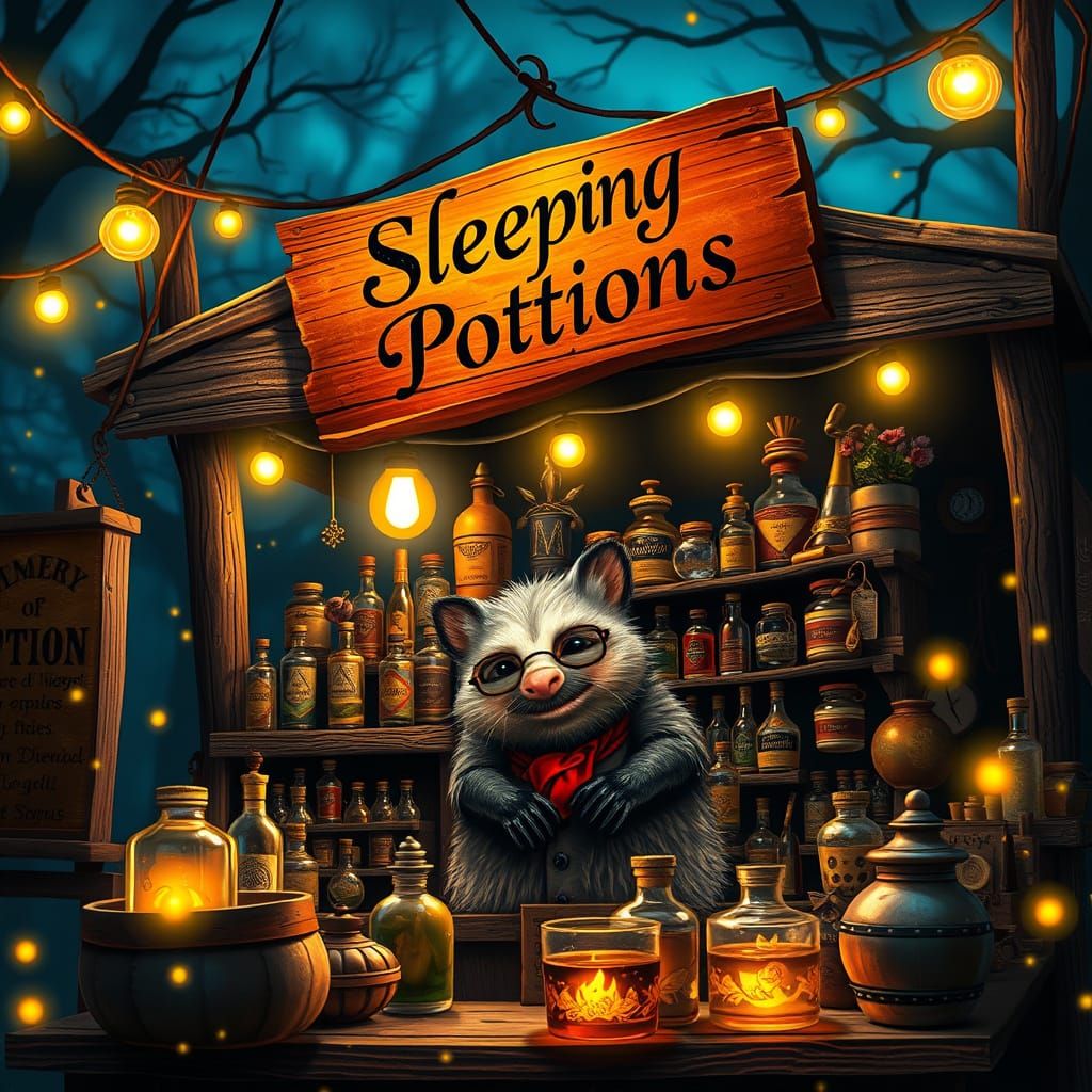 Enchanted Night Market Stall with Whimsical Vendors and Glow...