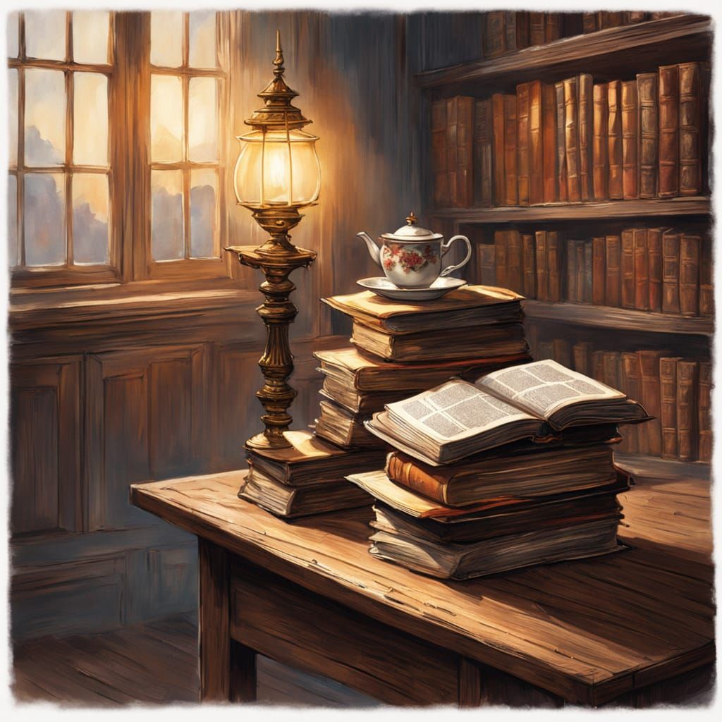 Tense Illustration: Books, Teacup Spill, Candlelight
