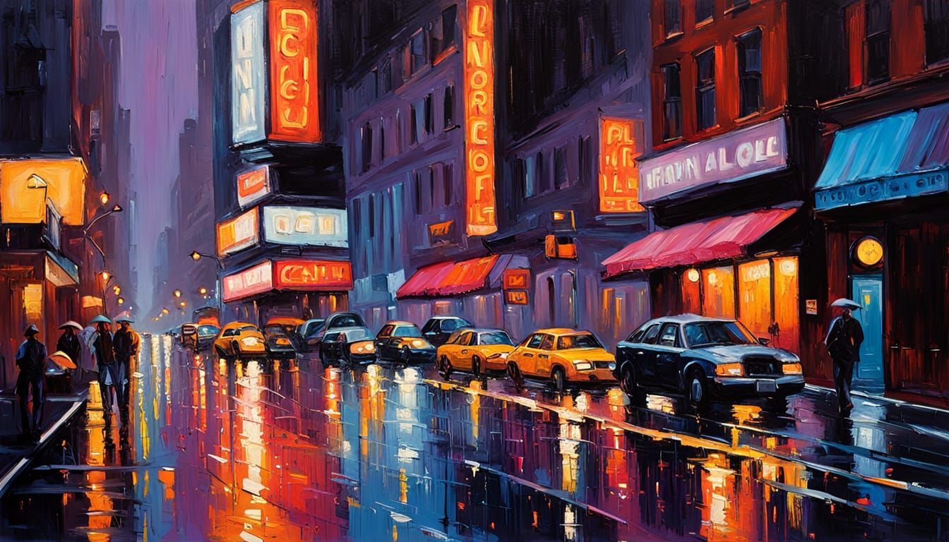 Neo-Impressionist Oil Painting of a Rainy New York Night