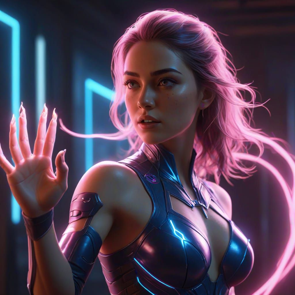 Young Woman Emitting Electric Energy in Neon Room