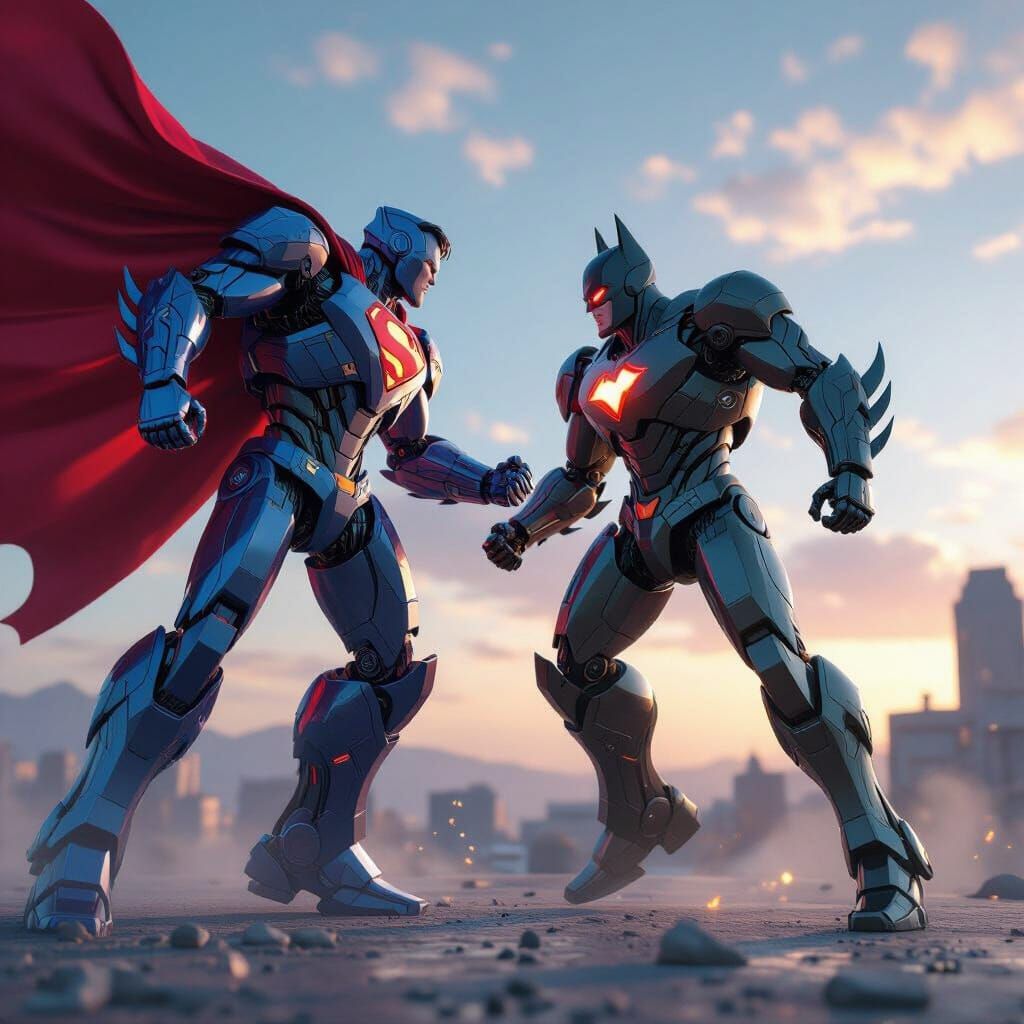 Robot Superman vs Mecha Batman Epic Sky Battle