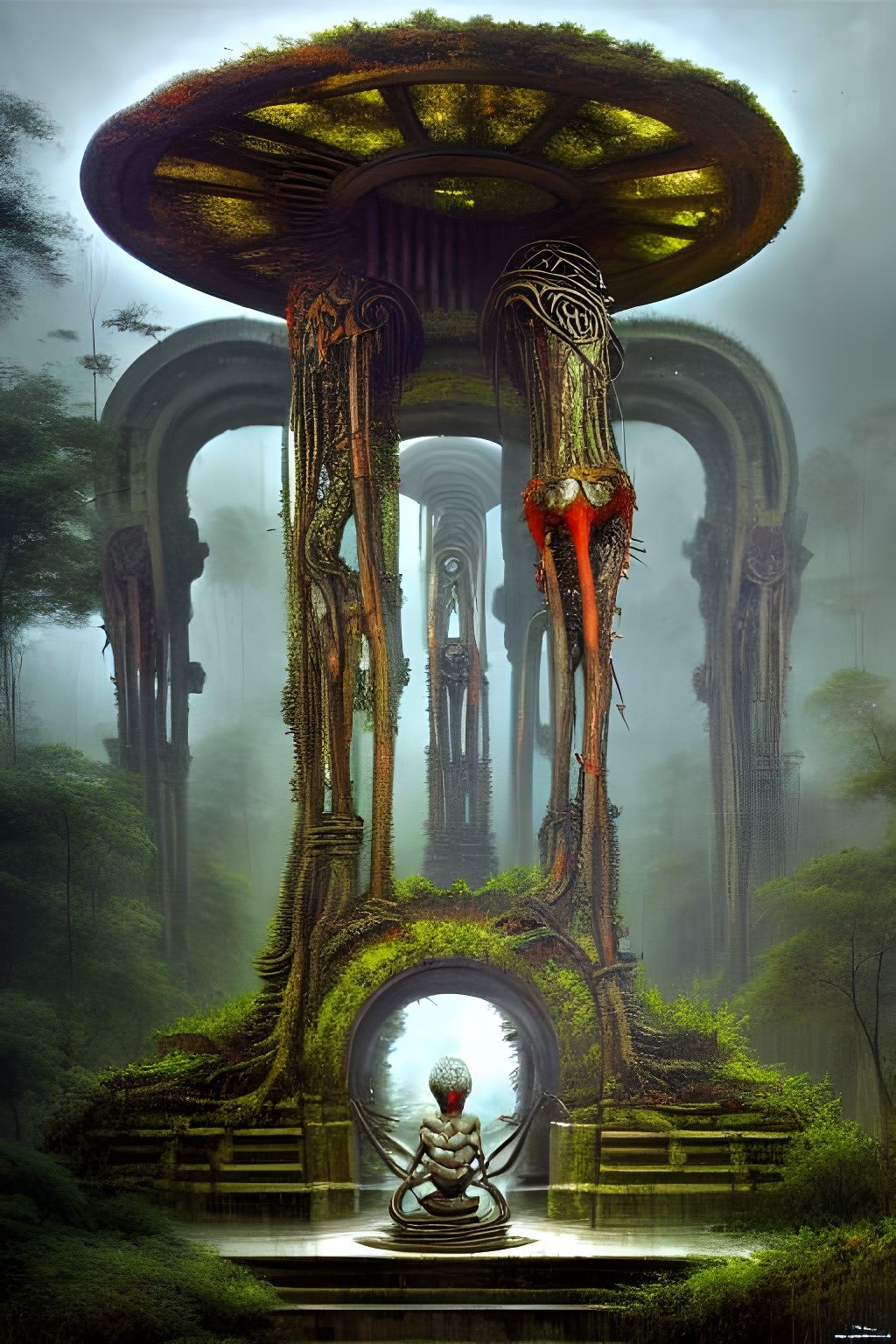 Overgrown Alien Temple with Biomechanical Statues