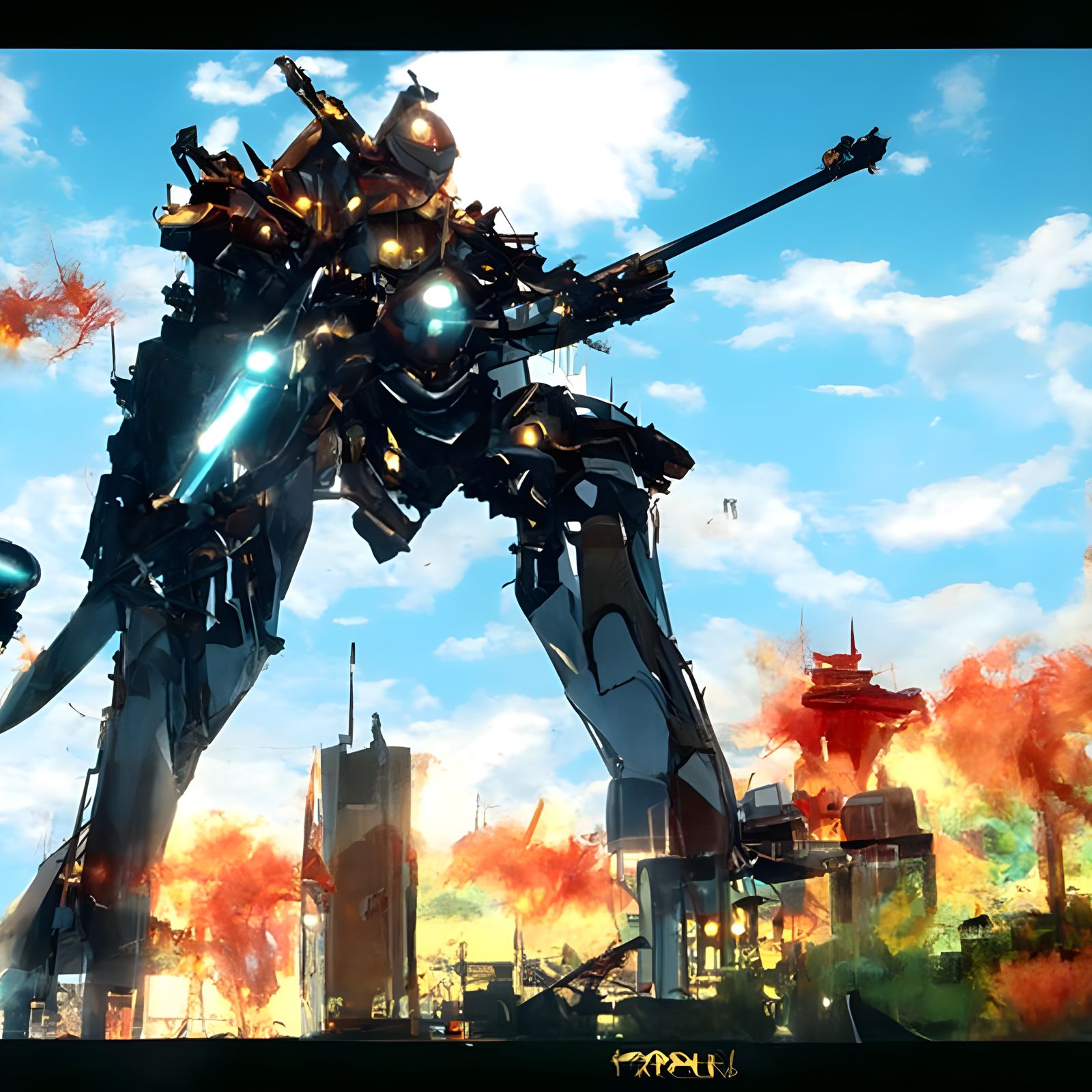 Cyberpunk Mecha Warfare in a Destroyed City