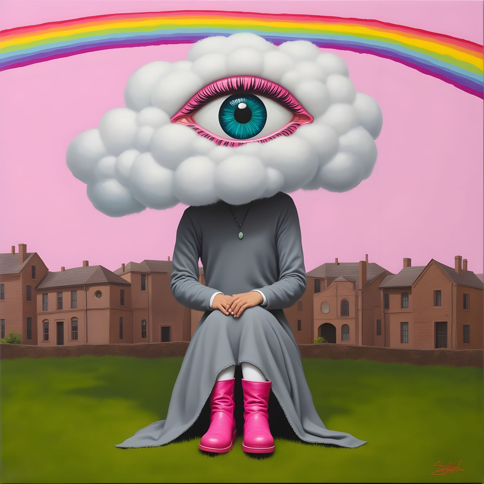 Hyper-Realistic Portrait of a Figure in a Rainbow Cloud