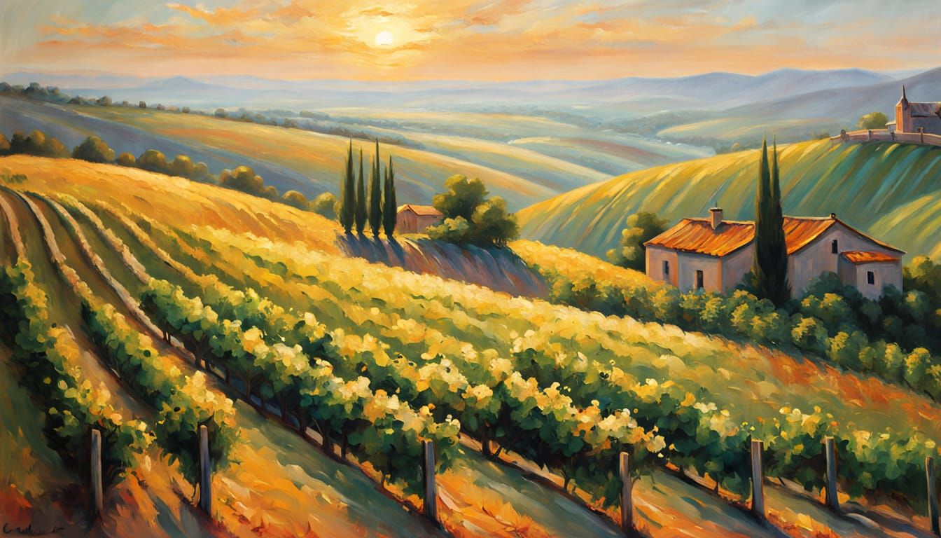 Vibrant Oil Painting of Vineyard at Golden Hour