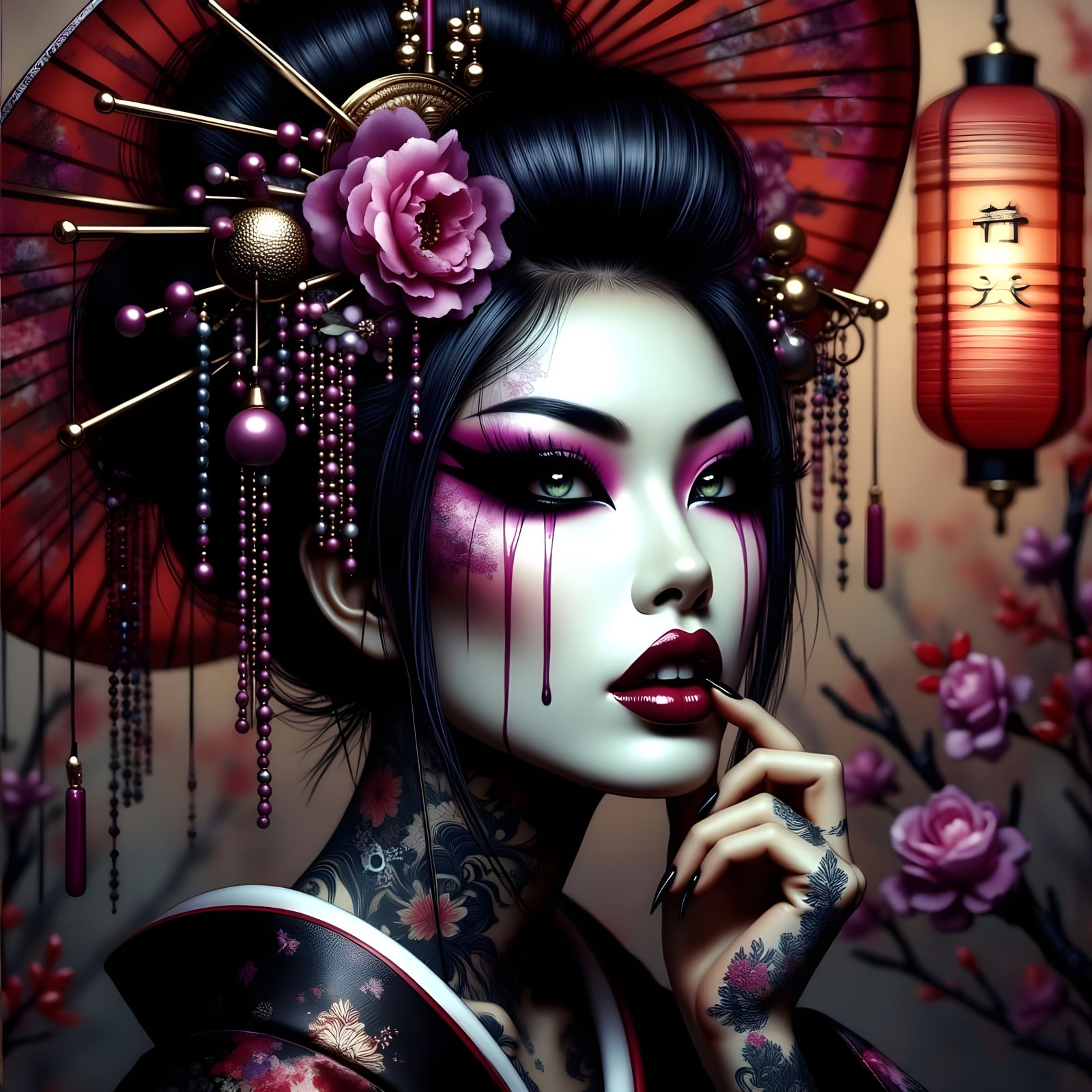 Gothic Geisha Vampire in a Dark, Opulent Setting