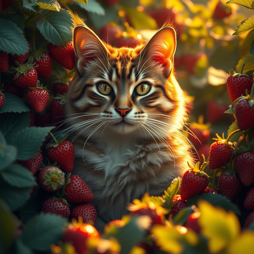 Enchanted Cat Amidst Vibrant Strawberries in a Dreamlike Sce...