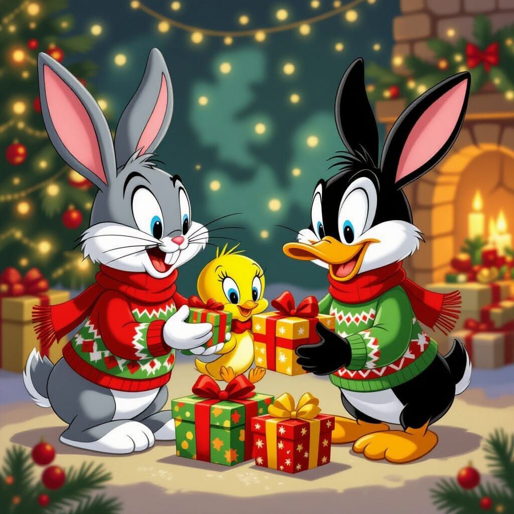 Bugs Bunny & Friends Exchanging Gifts in Holiday Sweaters