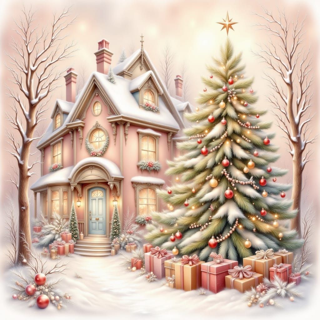 Charming Pink House with Christmas Tree in Watercolor Style