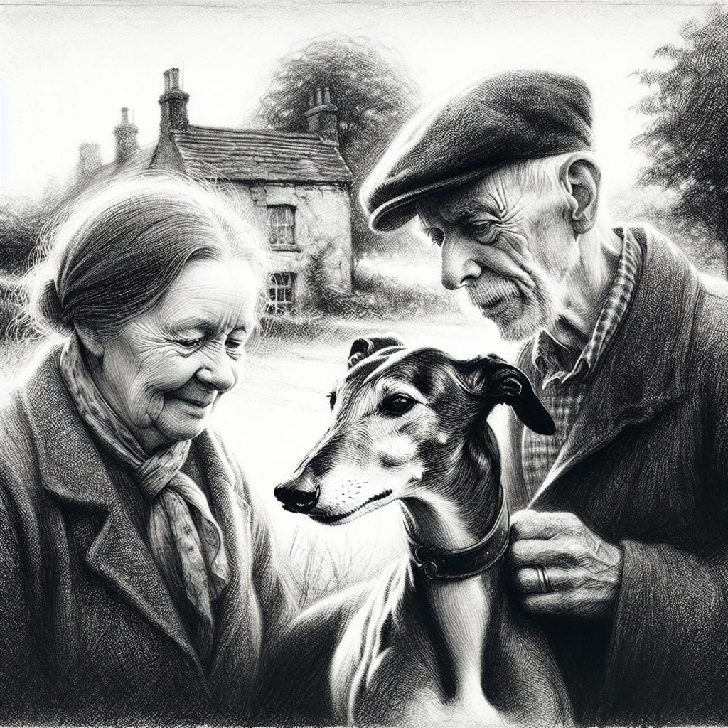 Elderly Couple and Greyhound in Pencil Sketch Style